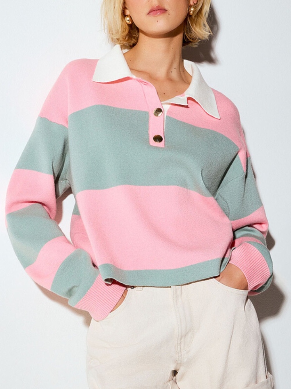 Pink and mint golden buttons polo collar striped cropped rugby style sweater NWT